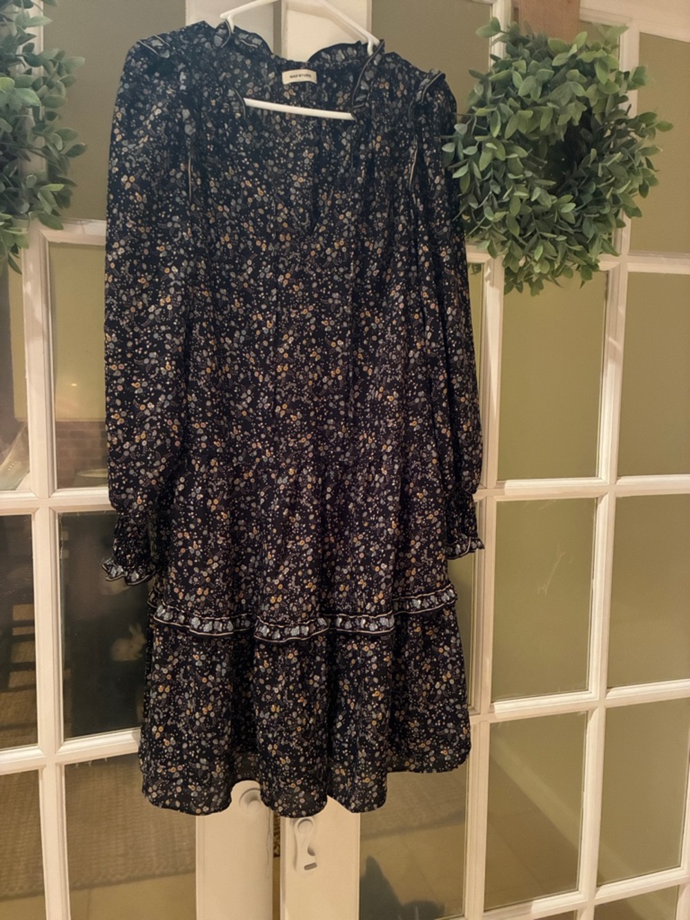 Max Studio Black Floral Tiered Mini Dress with Yellow & Ivory Accents